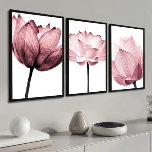 Kit 3 Quadros Flores Rosa Decoração Botânico com Moldura