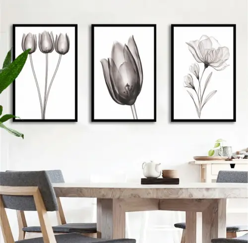 Kit 3 Quadros Flores Preto e Branco Tulipa Decoração Moldura
