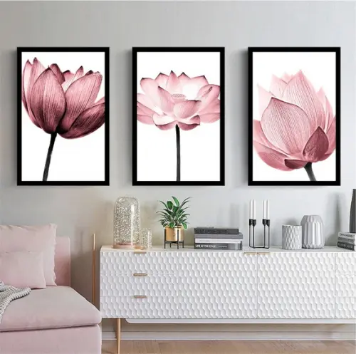 Kit 3 Quadros Flores Rosa Decoração Botânico com Moldura
