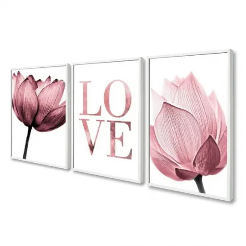 Kit 3 Quadros Flores Rosa Decoração Love Casal Amor Moldura