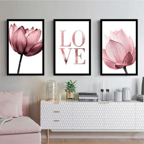Kit 3 Quadros Flores Rosa Decoração Love Casal Amor Molduras