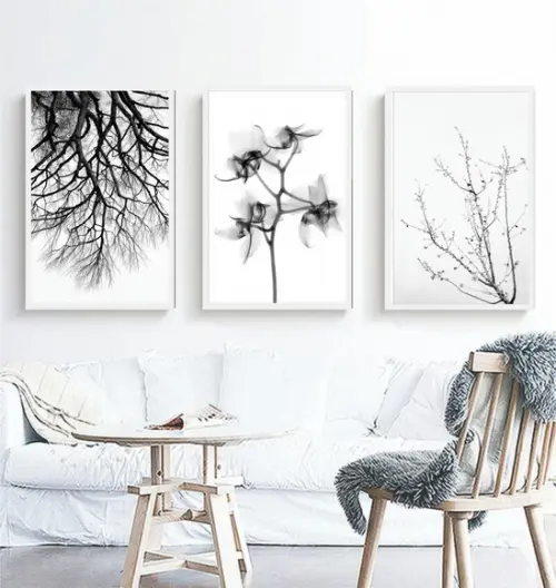 Kit 3 Quadros Flores Preto e Branco Decoração Galhos Moldura