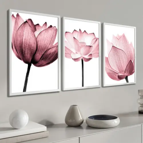 Kit 3 Quadros Flores Rosa Decoração Para Sala Quarto Moldura