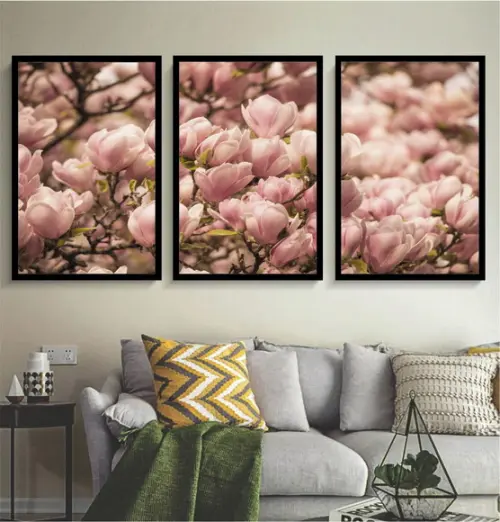 Kit 3 Quadros Flores Rosa Lilás Decoração Folhagem Moldura