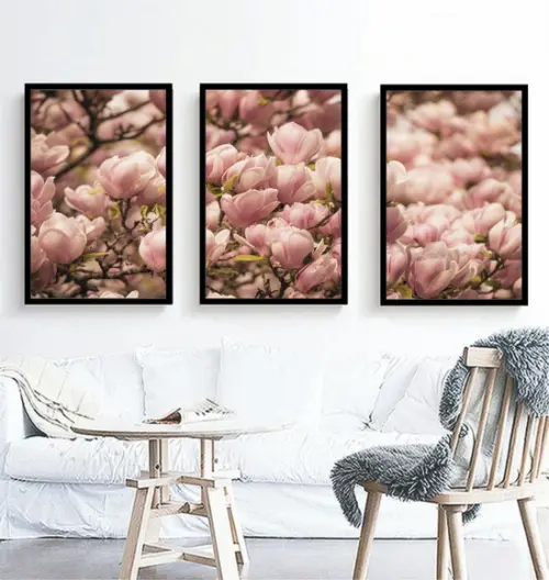 Kit 3 Quadros Flores Rosa Lilás Decoração Folhagem Moldura