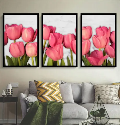 Kit 3 Quadros Flores Rosa Tulipa Decoração Botânico Molduras
