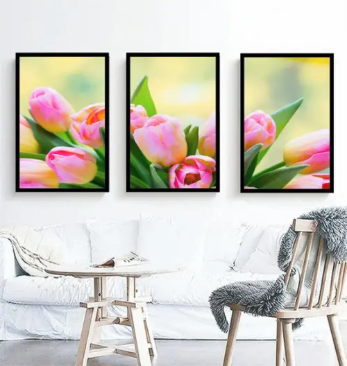 Kit 3 Quadros Flores Rosa Sépia Folhagem Decoração Moldura