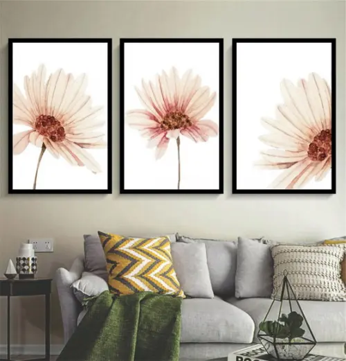 Kit 3 Quadros Flores Rosas Claro Decoração Botânico Molduras