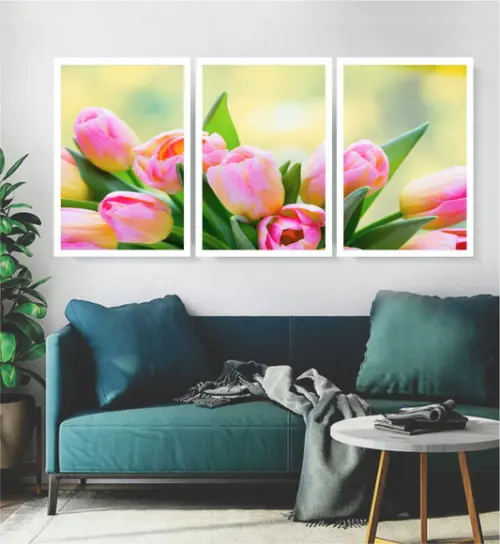 Kit 3 Quadros Flores Rosas Sépia Folhagem Decoração Moldura