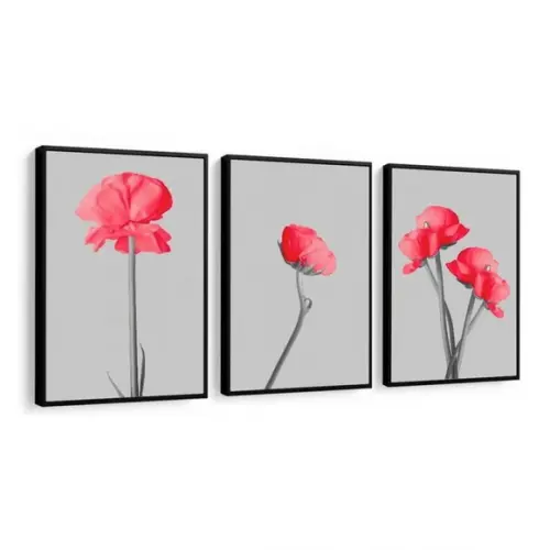 Kit 3 Quadros Flores Vermelhas Decoração Conjunto Molduras