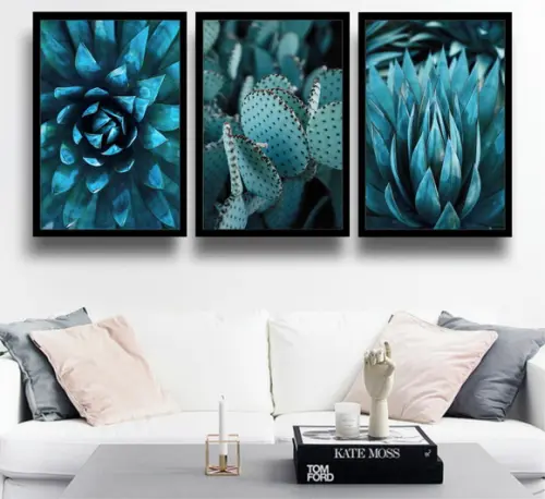 Kit 3 Quadros Flores Suculentas Azul Decoração Com Moldura