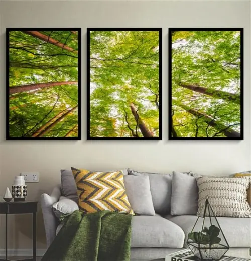 Kit 3 Quadros Floresta Verde Decoração Conjunto Com Molduras