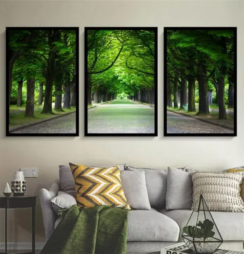 Kit 3 Quadros Floresta Verde Decoração com Moldura e Vidro
