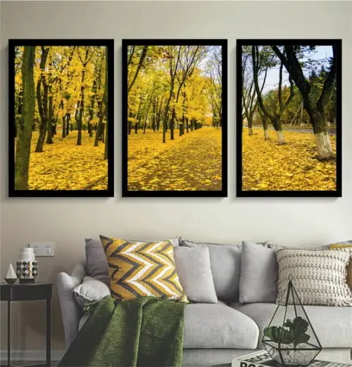 Kit 3 Quadros Florestas Amarela Decoração Paisagem Moldura