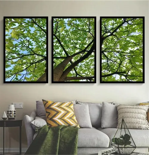 Kit 3 Quadros Florestas Verde Decoração Folhagem Com Moldura