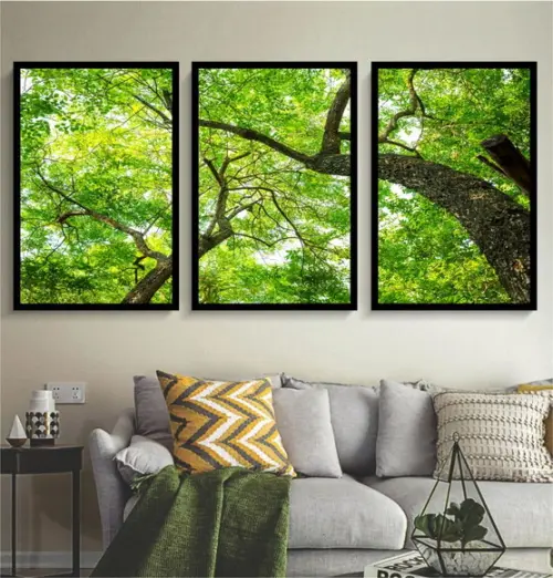 Kit 3 Quadros Florestas Verde Decoração Conjunto Com Moldura