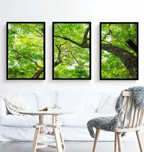 Kit 3 Quadros Florestas Verde Decoração Conjunto Com Moldura