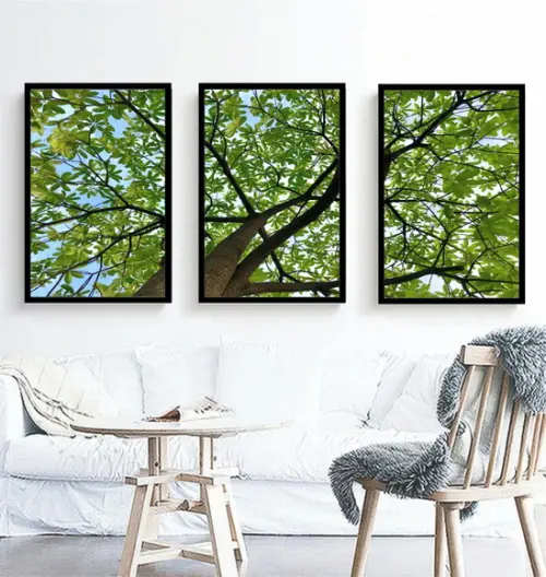 Kit 3 Quadros Florestas Verde Decoração Folhagem Com Moldura