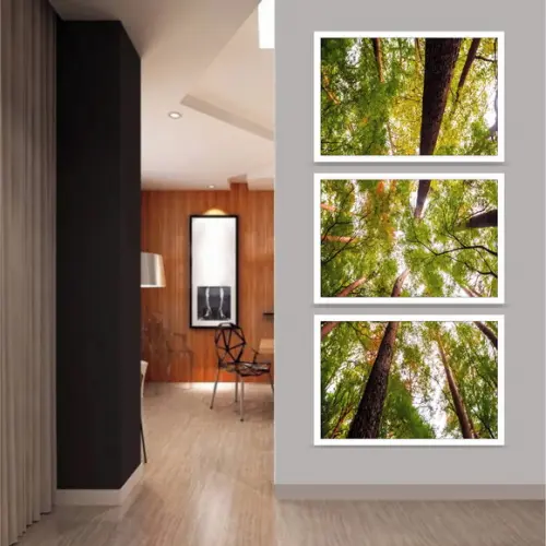 Kit 3 Quadros Florestas Verde Decoração Vertical Com Moldura
