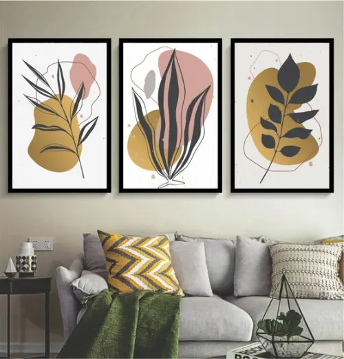 Kit 3 Quadros Folhagem Abstrato Decoração Conjunto Molduras