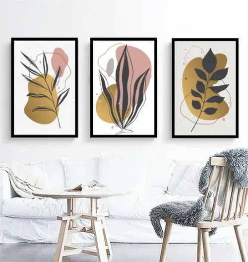 Kit 3 Quadros Folhagem Abstrato Decoração Conjunto Molduras