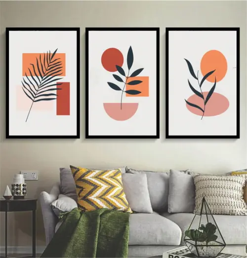 Kit 3 Quadros Folhagem Abstrato Moderno Decoração Moldura