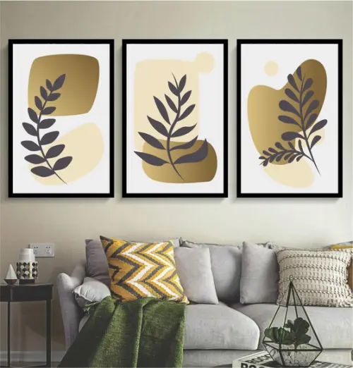 Kit 3 Quadros Folhagem Abstrato Dourado Decoração Moldura