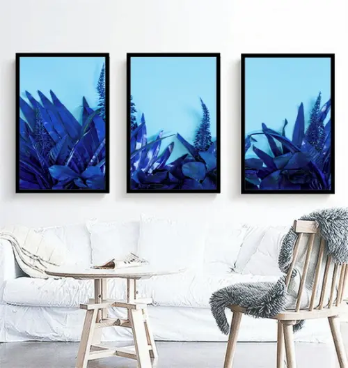 Kit 3 Quadros Folhagem Azul Botânico Decoração Com Moldura