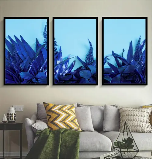 Kit 3 Quadros Folhagem Azul Botânico Decoração Com Moldura