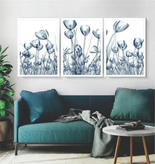 Kit 3 Quadros Folhagem Azul Botânico Decoração Com Molduras