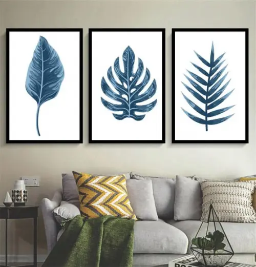 Kit 3 Quadros Folhagem Azul Decoração Botânico Com Molduras