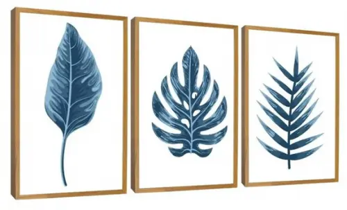 Kit 3 Quadros Folhagem Azul Costela Adão Decoração Molduras