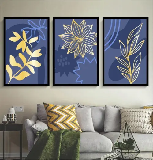 Kit 3 Quadros Folhagem Azul Dourada Decoração Com Moldura