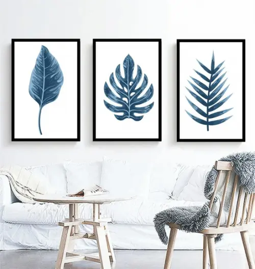Kit 3 Quadros Folhagem Azul Decoração Botânico Com Molduras