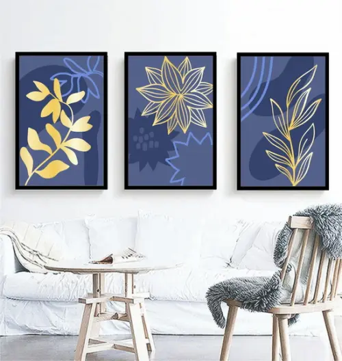 Kit 3 Quadros Folhagem Azul Dourada Decoração Com Moldura