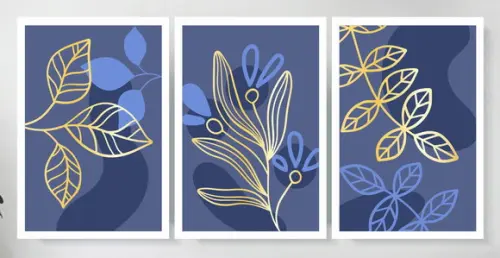 Kit 3 Quadros Folhagem Azul E Dourada Decoração Com Moldura