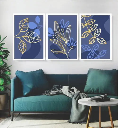 Kit 3 Quadros Folhagem Azul E Dourada Decoração Com Moldura