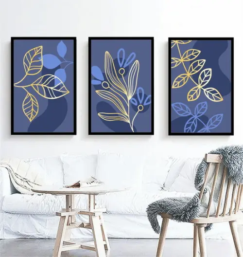 Kit 3 Quadros Folhagem Azul E Dourada Decoração Com Moldura