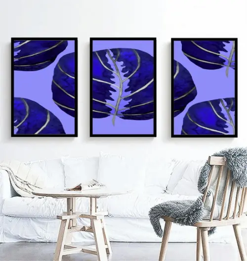 Kit 3 Quadros Folhagem Azul Monstera Decoração Com Moldura
