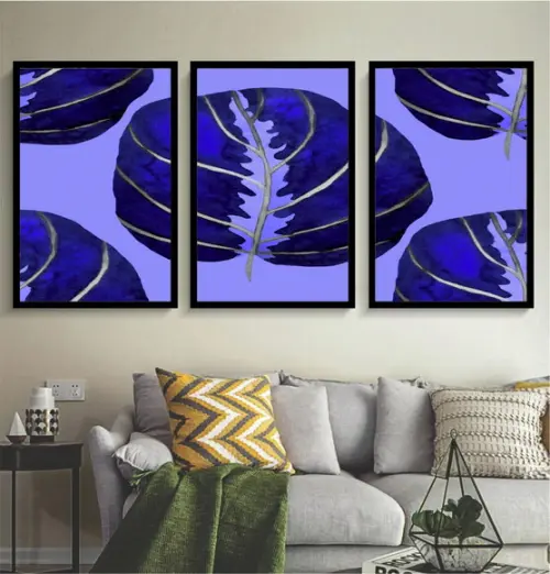 Kit 3 Quadros Folhagem Azul Monstera Decoração Com Moldura