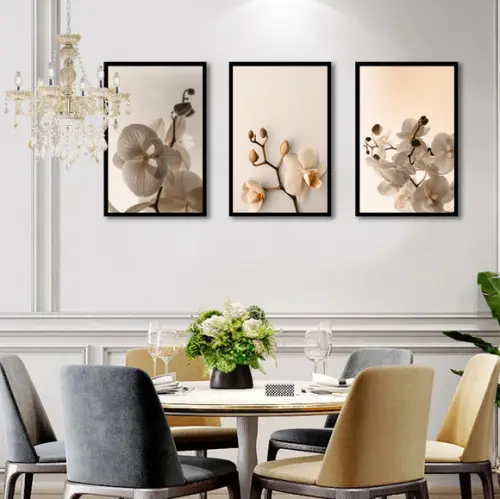 Kit 3 Quadros Folhagem Branca Botânico Decoração Com Moldura