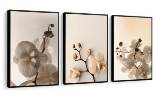 Kit 3 Quadros Folhagem Branca Botânico Decoração Com Moldura