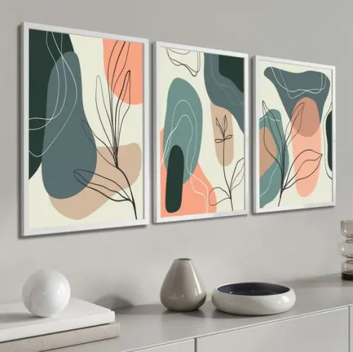Kit 3 Quadros Folhagem Colorido Abstratos Decoração Moldura