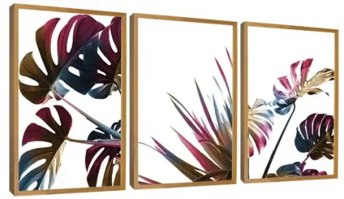 Kit 3 Quadros Folhagem Colorida Decoração Conjunto Molduras