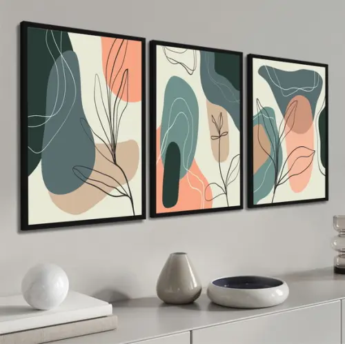 Kit 3 Quadros Folhagem Colorido Abstratos Decoração Molduras