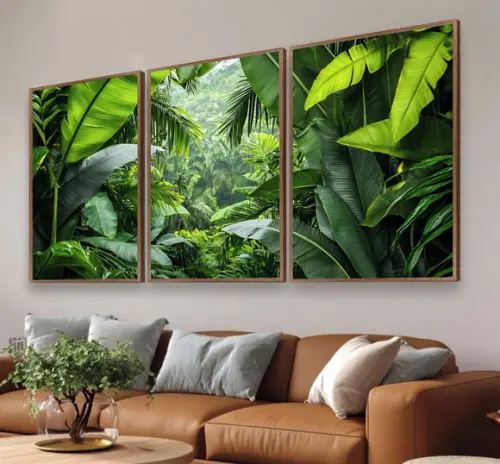Kit 3 Quadros Folhagem Costela de Adão Moderno Moldura Vidro