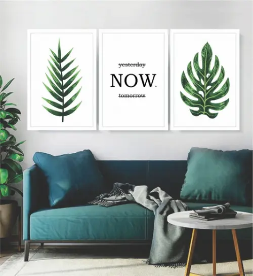 Kit 3 Quadros Folhagem Costela Verde Decoração Frase Moldura