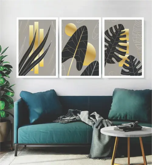 Kit 3 Quadros Folhagem Costela Dourada Decoração Com Moldura
