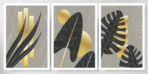 Kit 3 Quadros Folhagem Costela Dourada Decoração Com Moldura