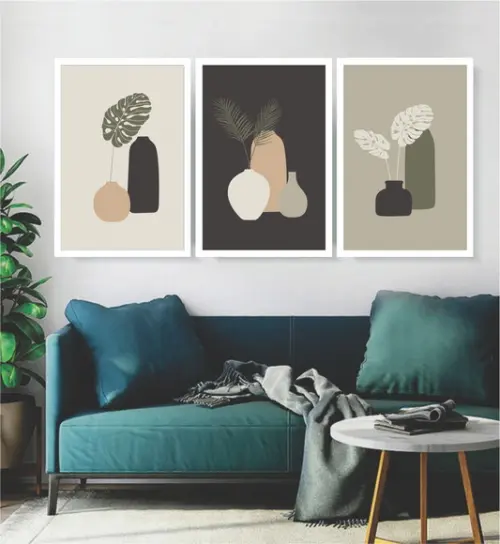 Kit 3 Quadros Folhagem Decoração Conjunto Botânico Molduras